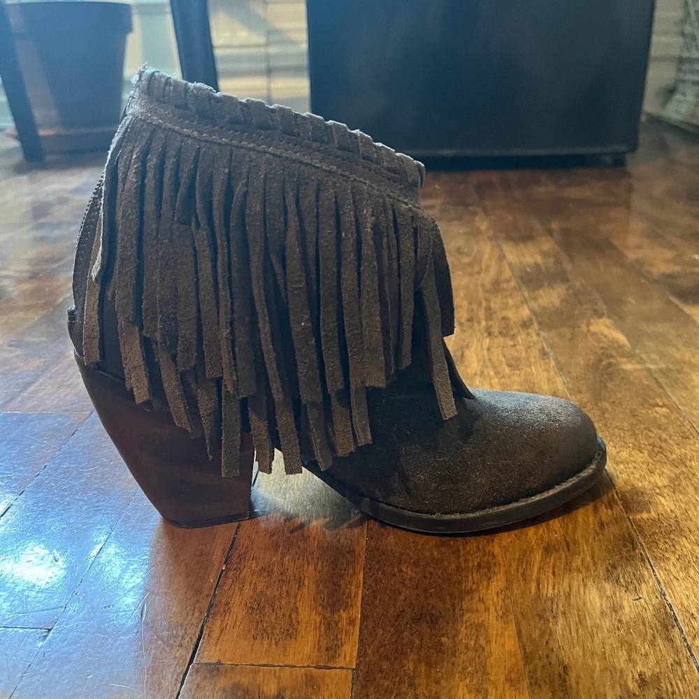 Brown fringe booties